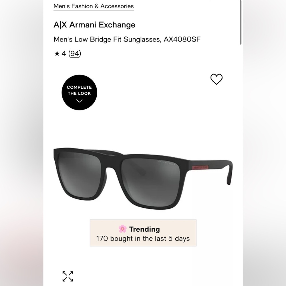 Men’s Armani Exchange Matte Black Sunglasses Low Bridge Fit